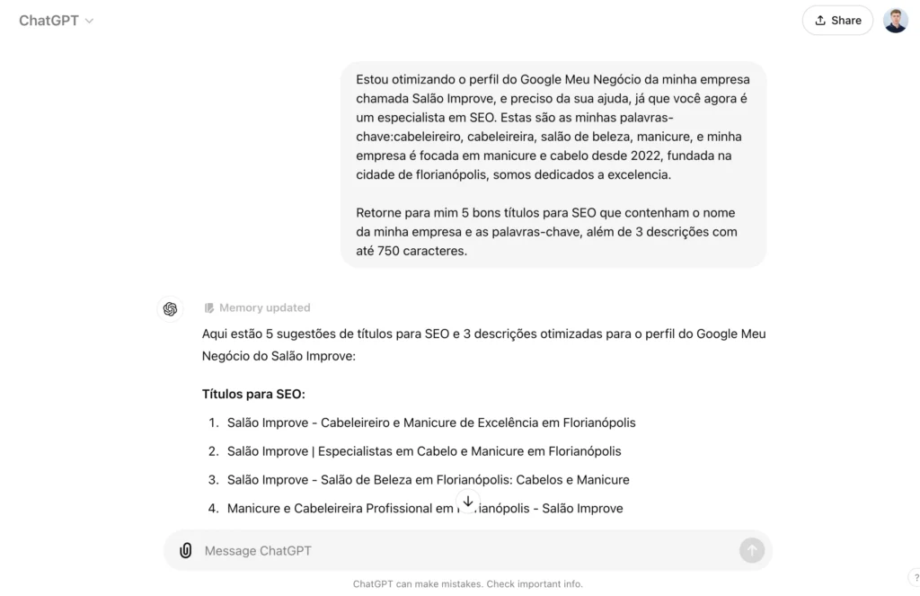 Exemplo de Prompt no ChatGPT para criar titulos e descrições para o Google Meu Negócio