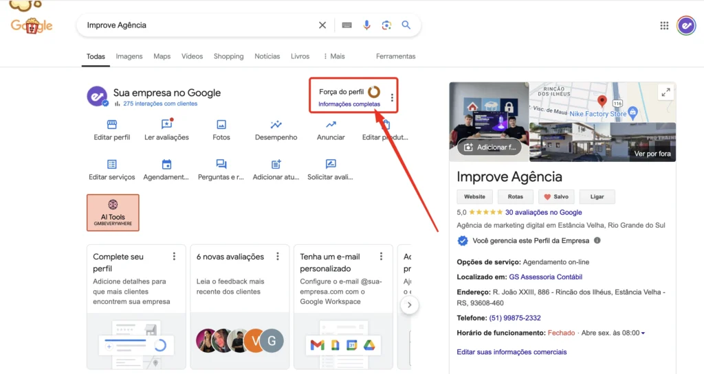 Google Meu Negócio da Agência Improve mostrando o perfil de forma completa